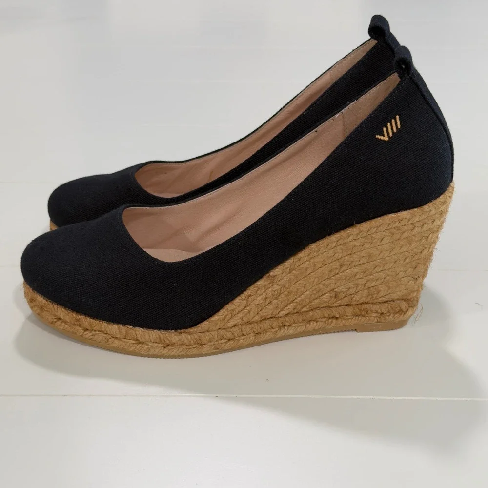 Viscata Barcelona Navy Blue Canvas Espadrille Wedges Made in Spain Size 41 US 10